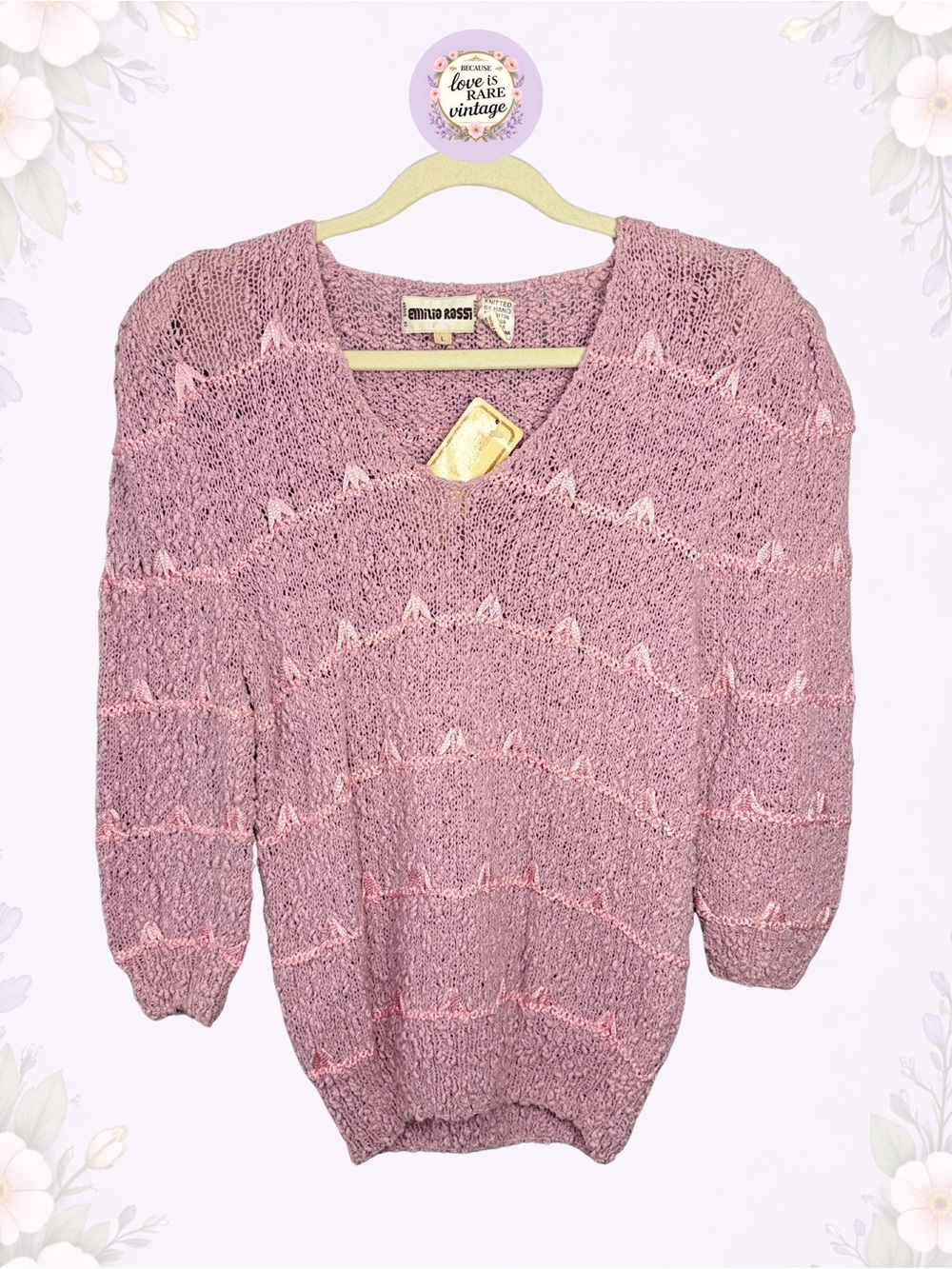 Vintage 1980s Emilio Rossi Pink Hand Knit Bouclé V-Neck Sweater • NOS Size L